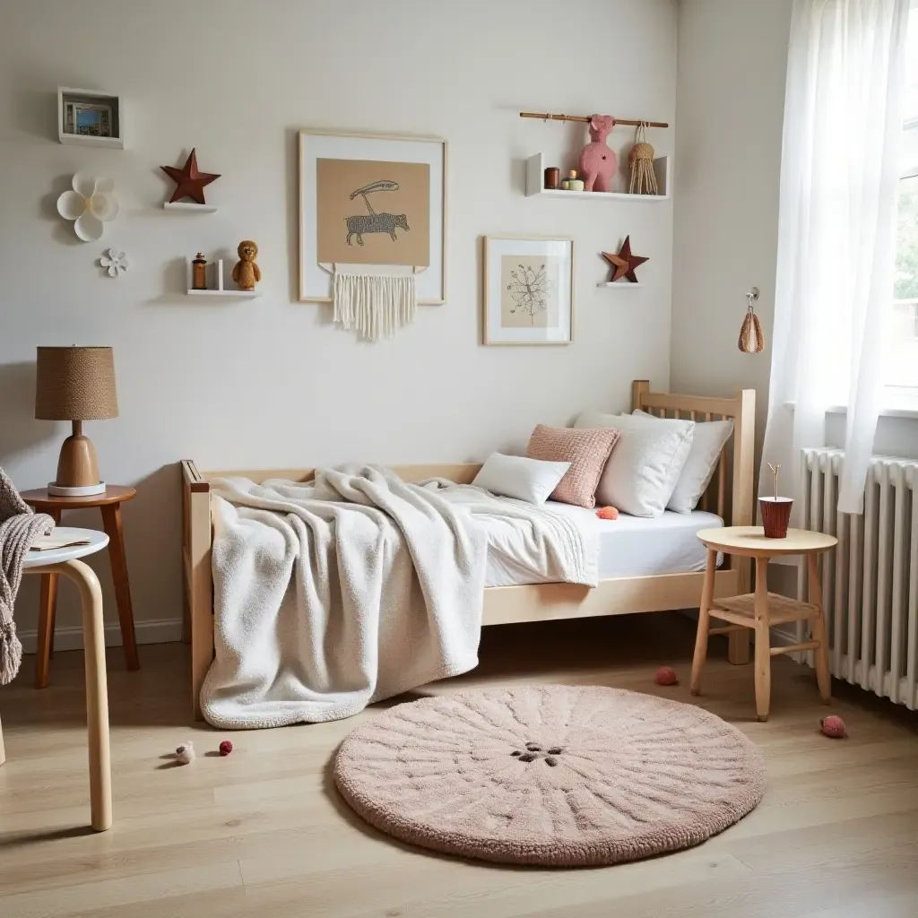 a photo of a whimsical kids&#x27; bedroom featuring plush fabric rugs, wooden toys, and metal wall decor