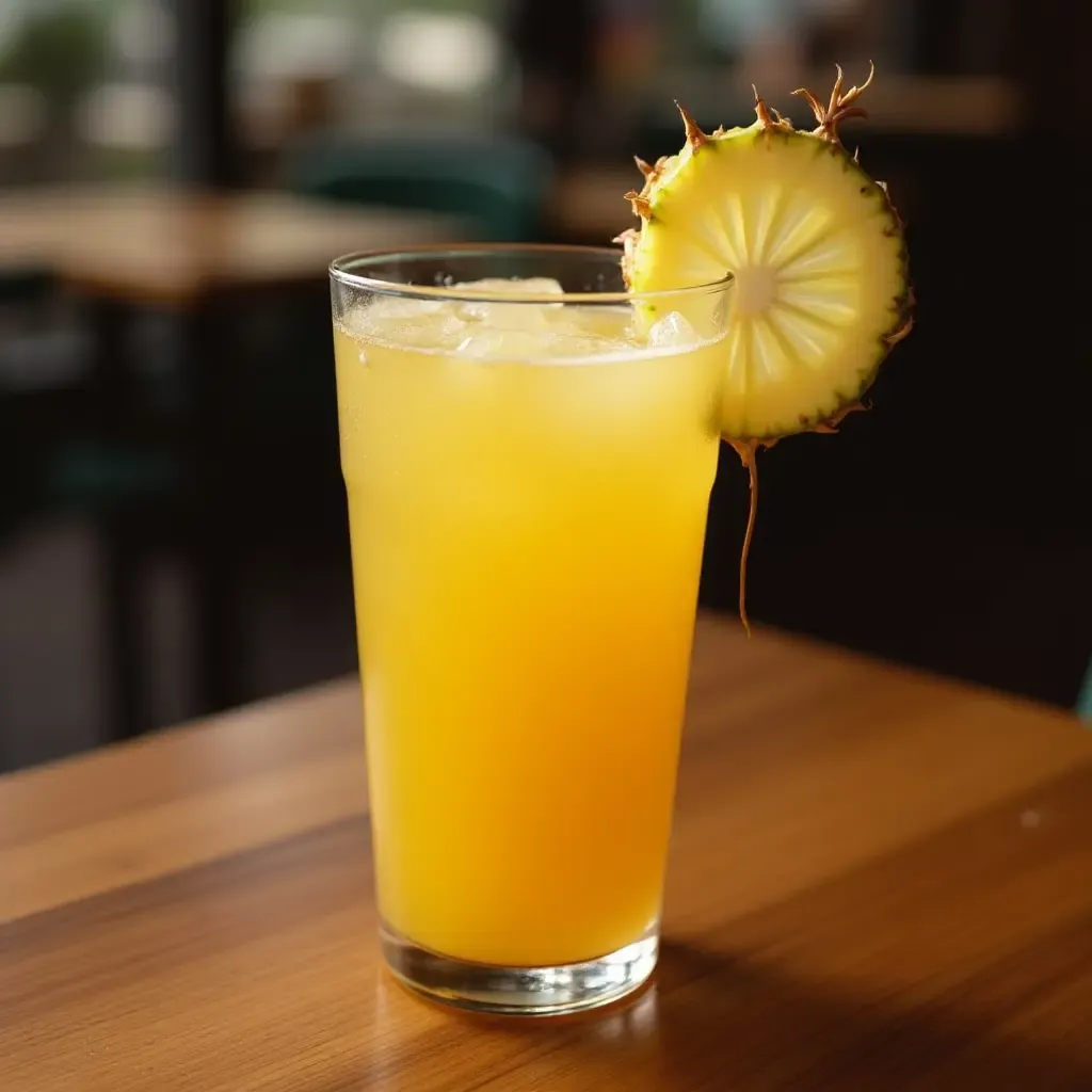 a photo of a glass of Sâm Dứa, a Vietnamese pineapple and ginseng drink, on a wooden table.