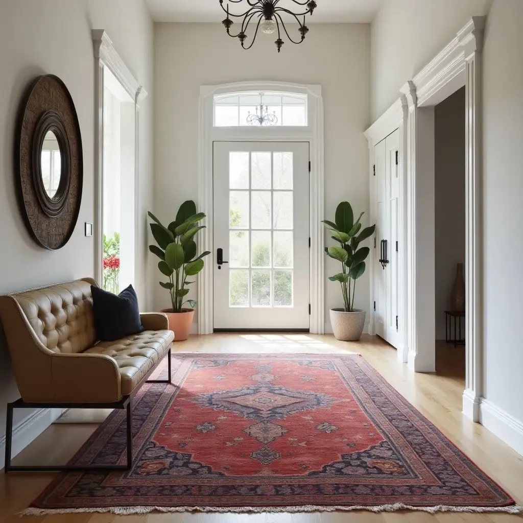 a photo of a vintage Persian rug with intricate designs in a modern entryway