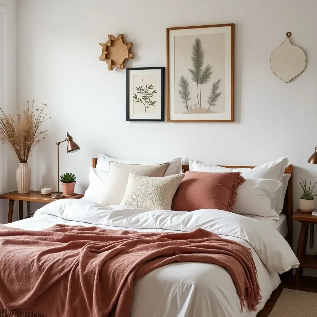 a photo of a bright bedroom with layered textiles and handmade decorations