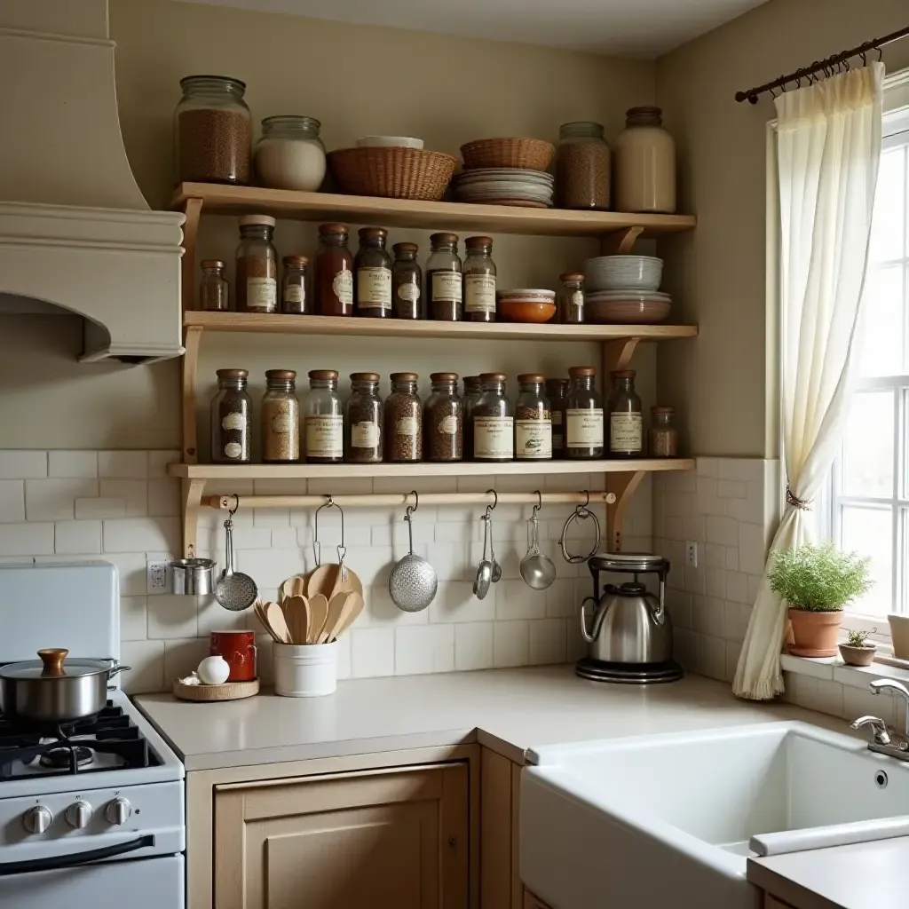 a photo of a cozy kitchen with a vintage spice rack