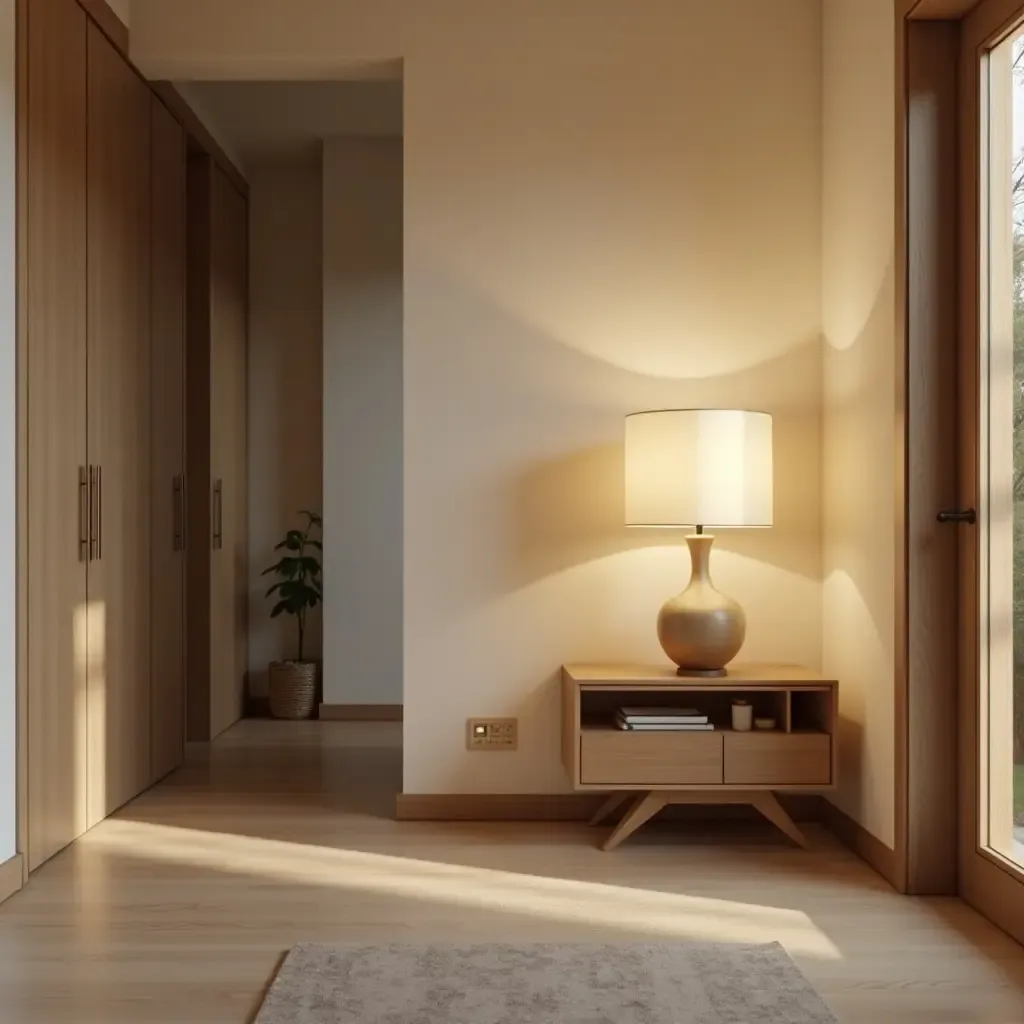 a photo of a wooden side table with a lamp in a corridor