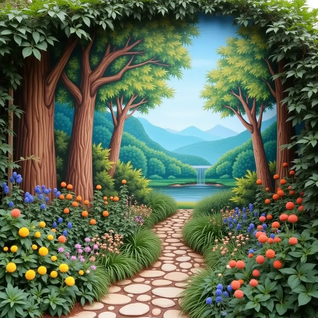 a photo of a fairy tale scene mural in a garden