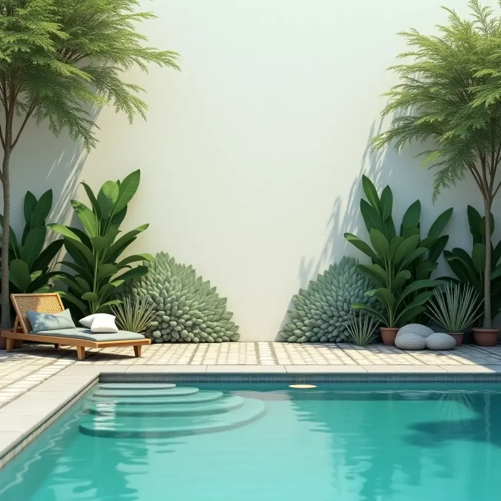 a photo of a relaxing zen garden mural beside the pool