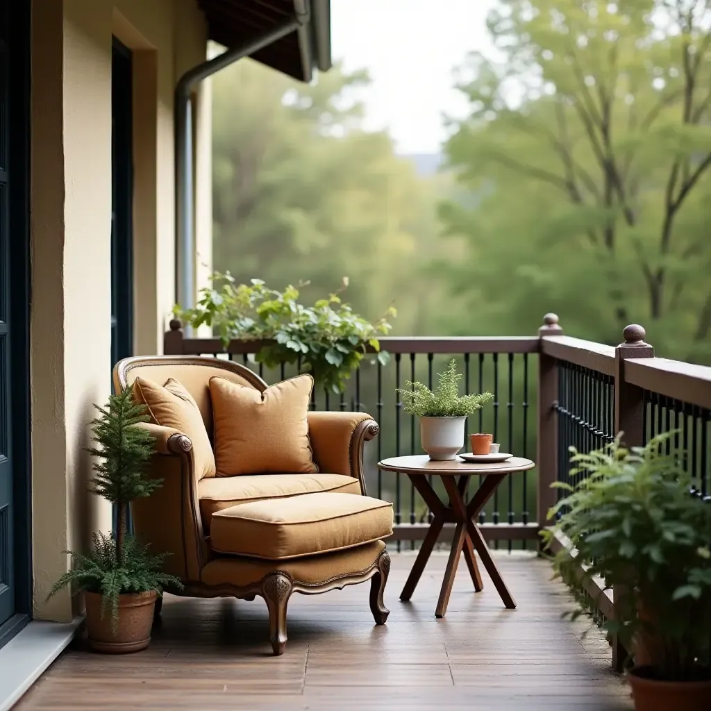 a photo of a balcony with a vintage armchair and a small side table