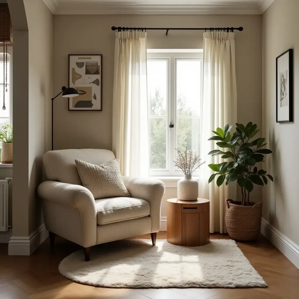 a photo of a small living room with a cozy reading nook and plush armchair