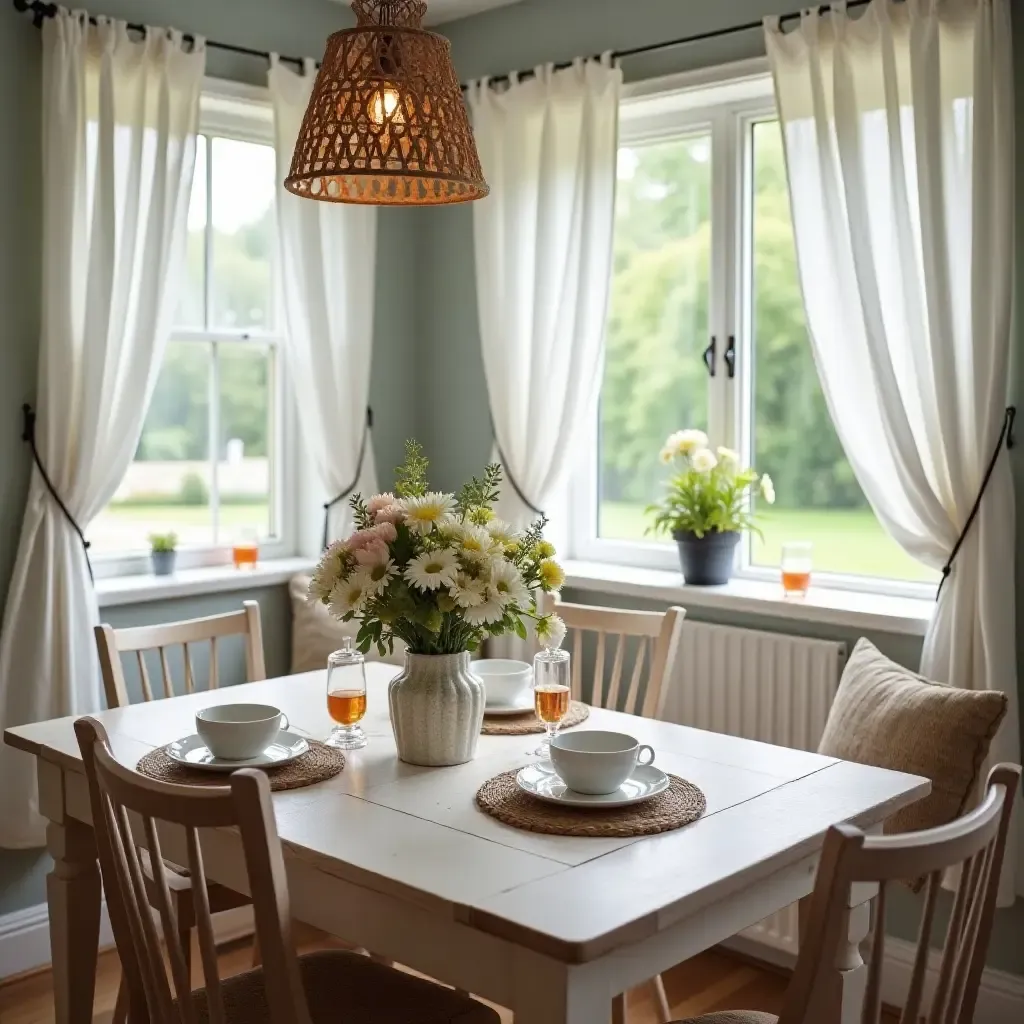 a photo of a breakfast nook with a charming table setting and fresh flowers