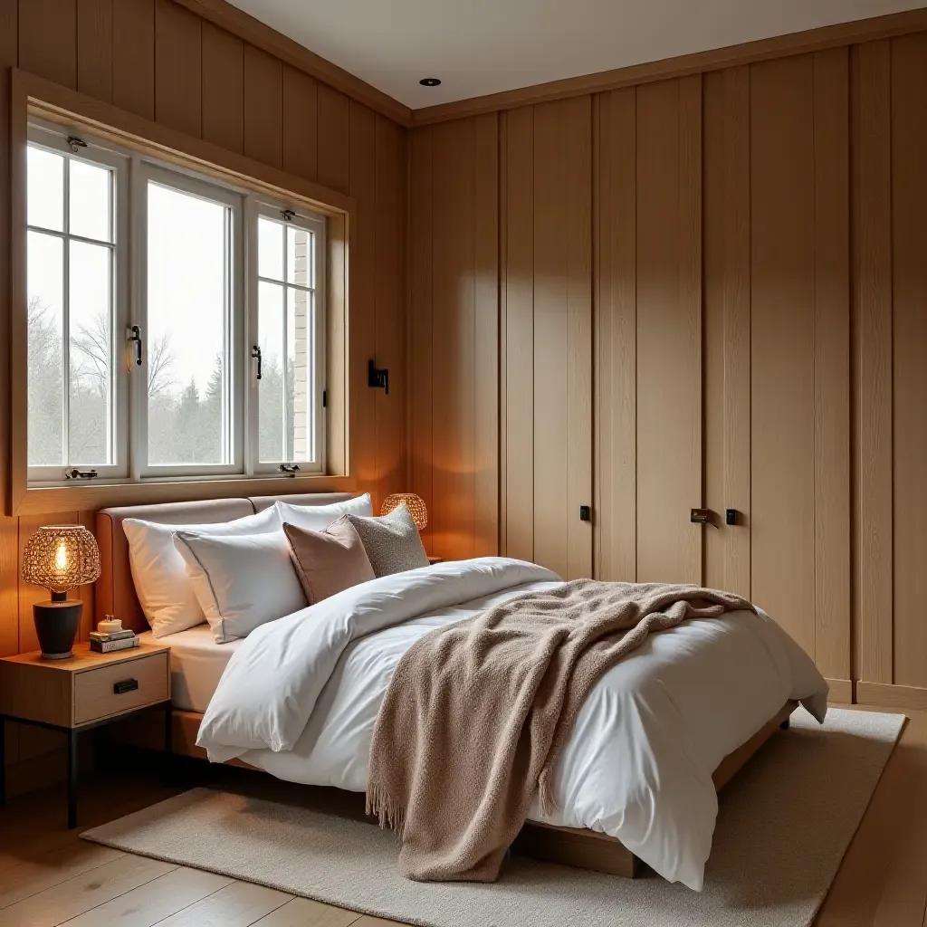 a photo of a bedroom with wooden trim and cozy textiles