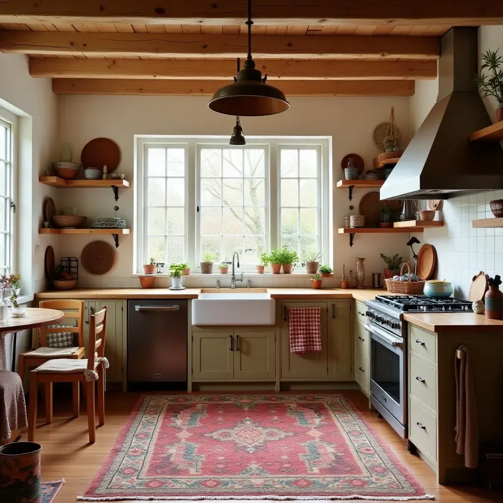 a photo of a lively boho kitchen with colorful rugs and handmade crafts