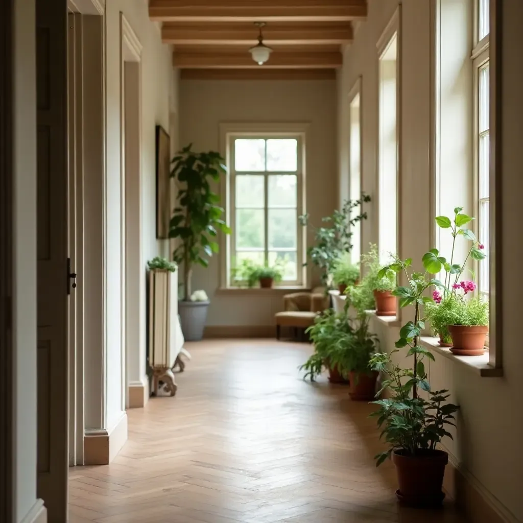 a photo of a chic corridor with small herb pots on windowsills