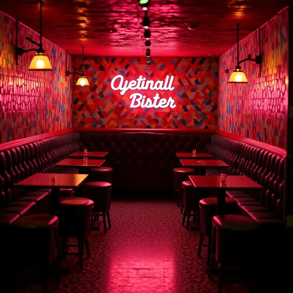 a photo of a vibrant basement bar with colorful tiles and a neon sign