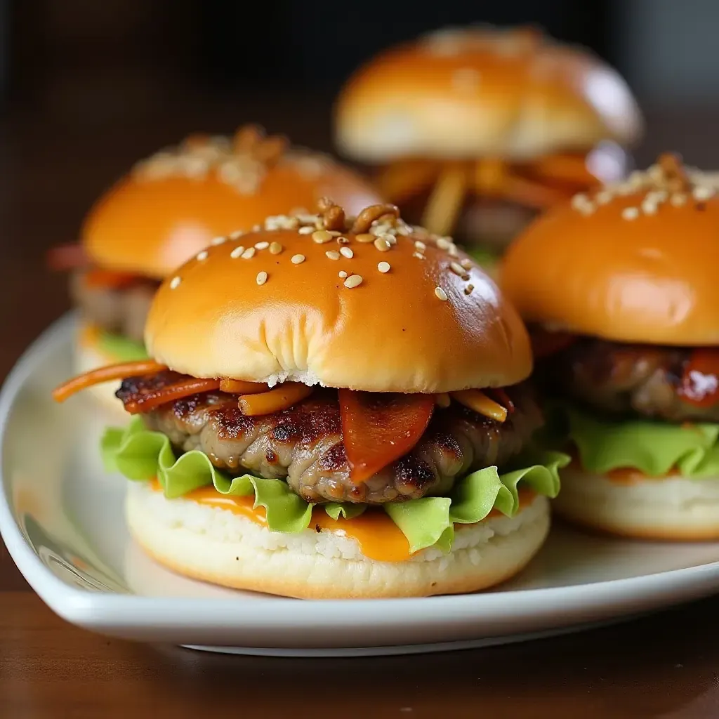 a photo of sushi burgers with rice buns, filled with grilled eel and avocado.