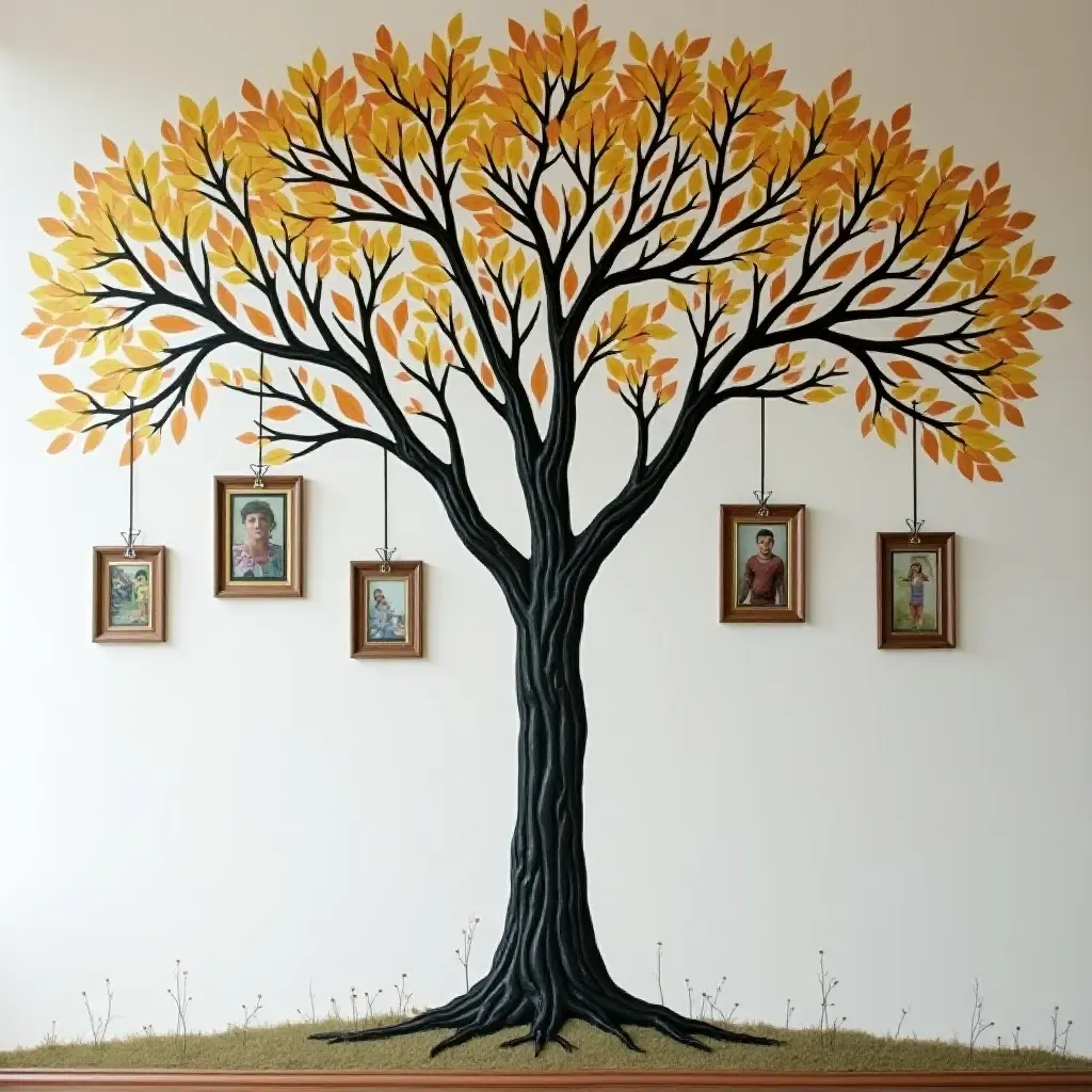 a photo of a painted tree mural with hanging photo frames