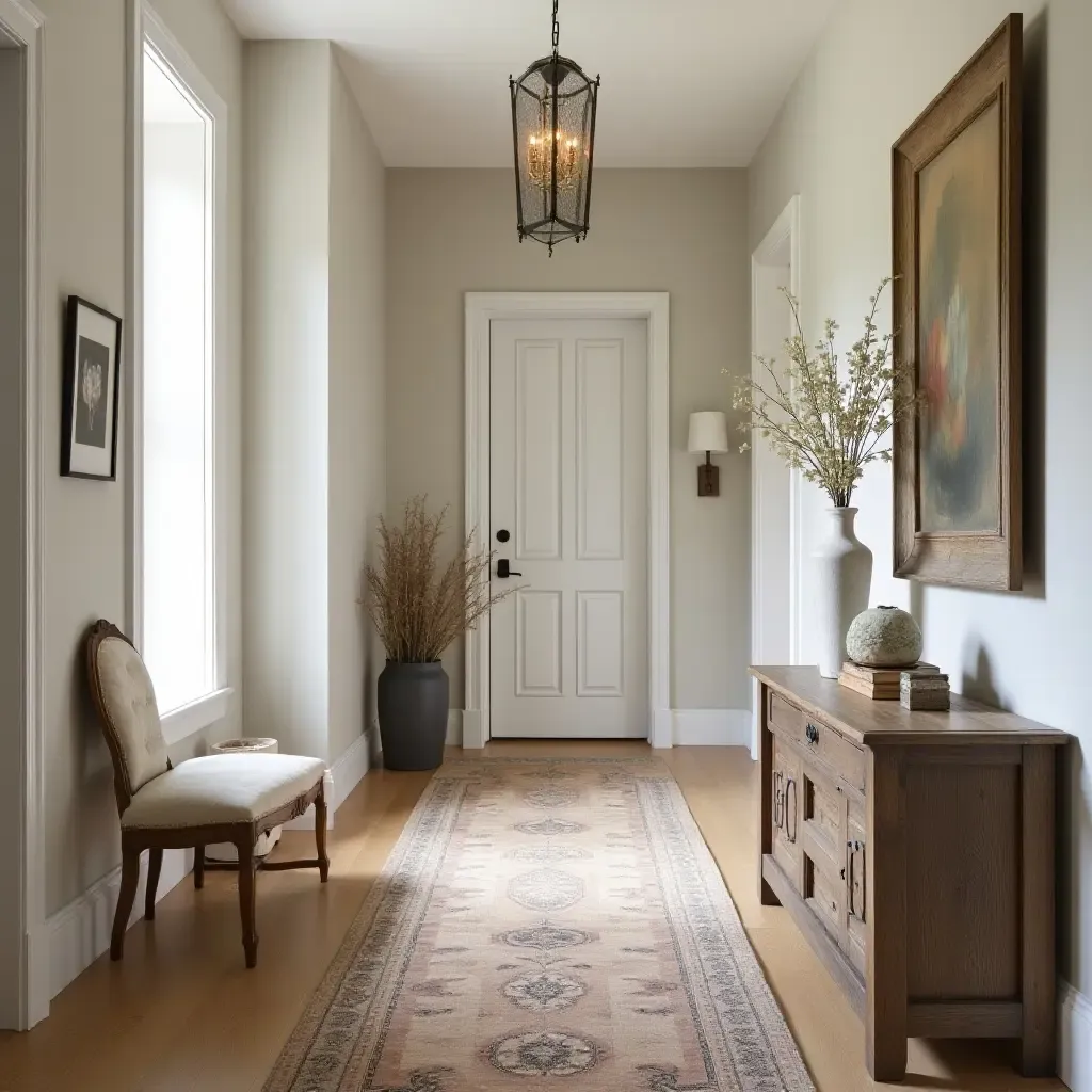 a photo of a timeless hallway with a vintage runner and farmhouse decor