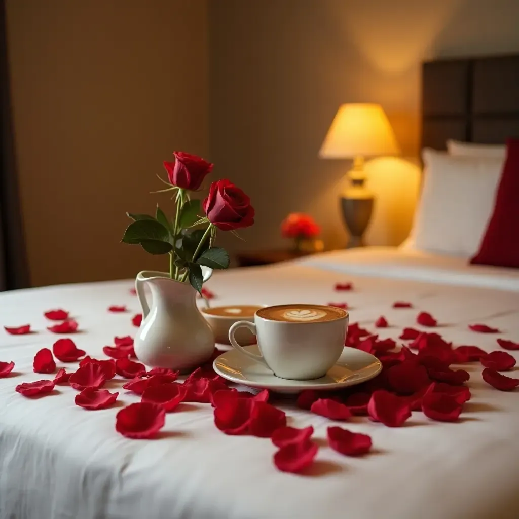 a photo of a romantic breakfast setup on a bed with rose petals