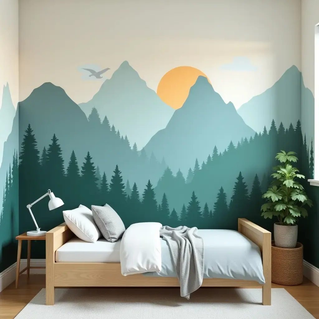 a photo of a nature-themed wall mural with mountains and forests in a teen&#x27;s bedroom