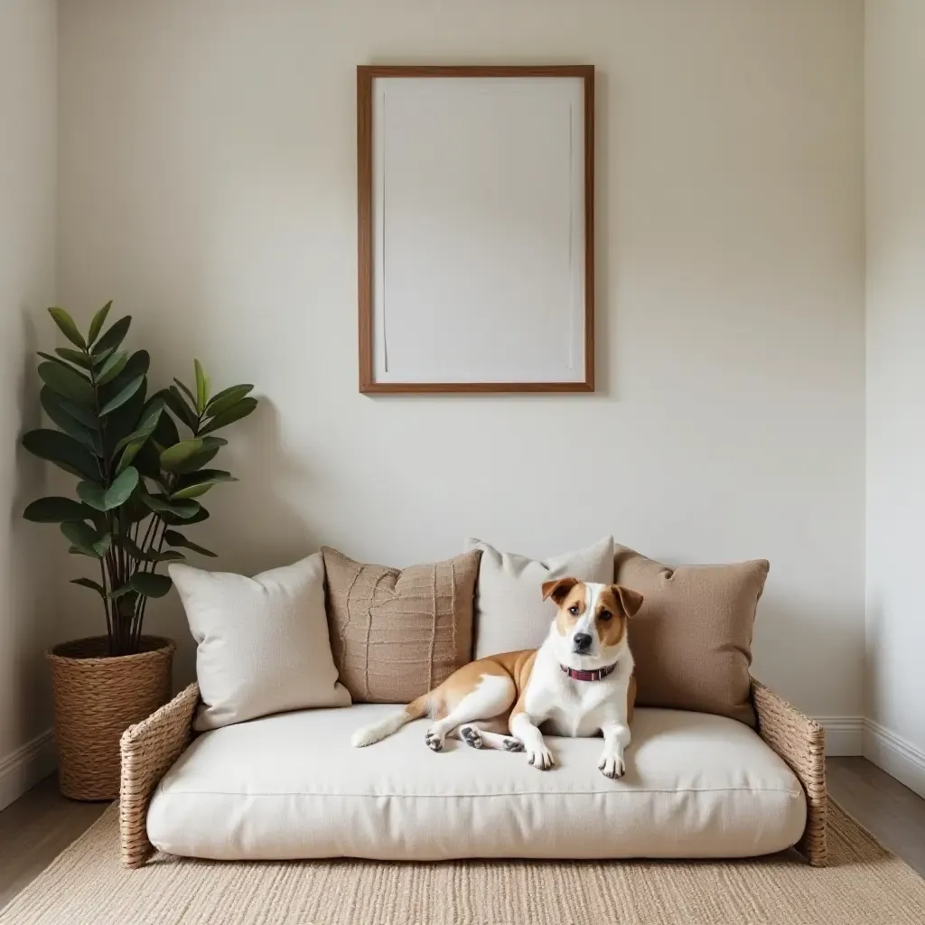 a photo of a basement pet area with cute throw pillows on a pet bed