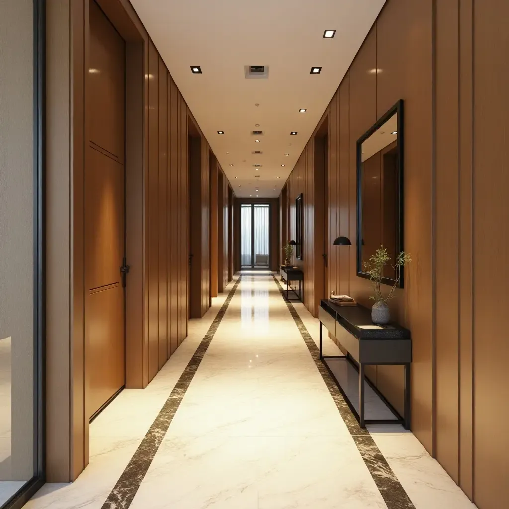 a photo of a stylish corridor with decorative tiles and warm wooden accents