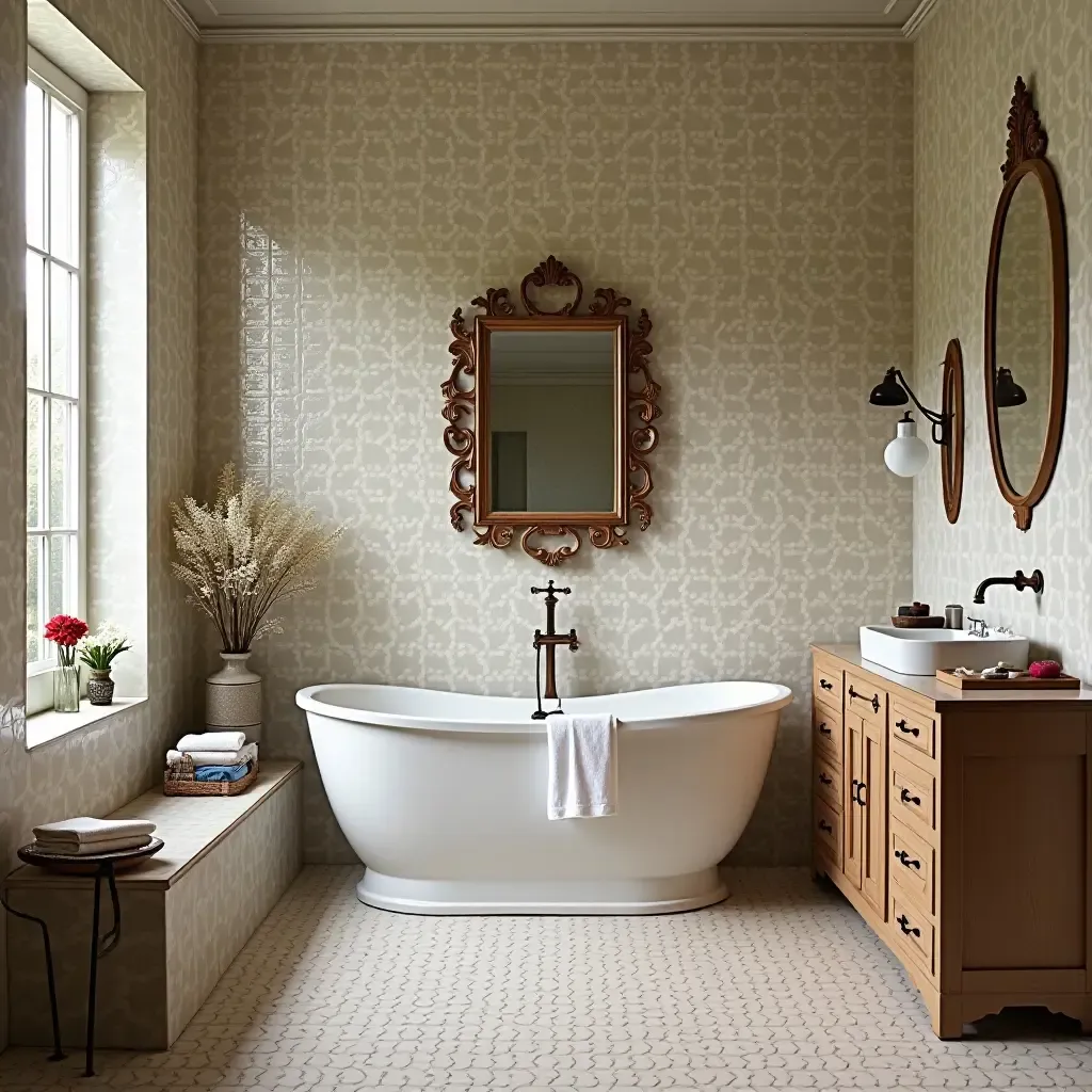 a photo of a bathroom featuring hand-painted tiles and artisanal decor