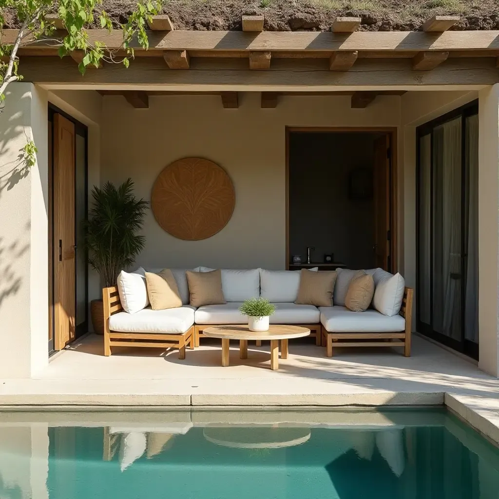 a photo of a rustic chic lounge area by the pool with natural materials