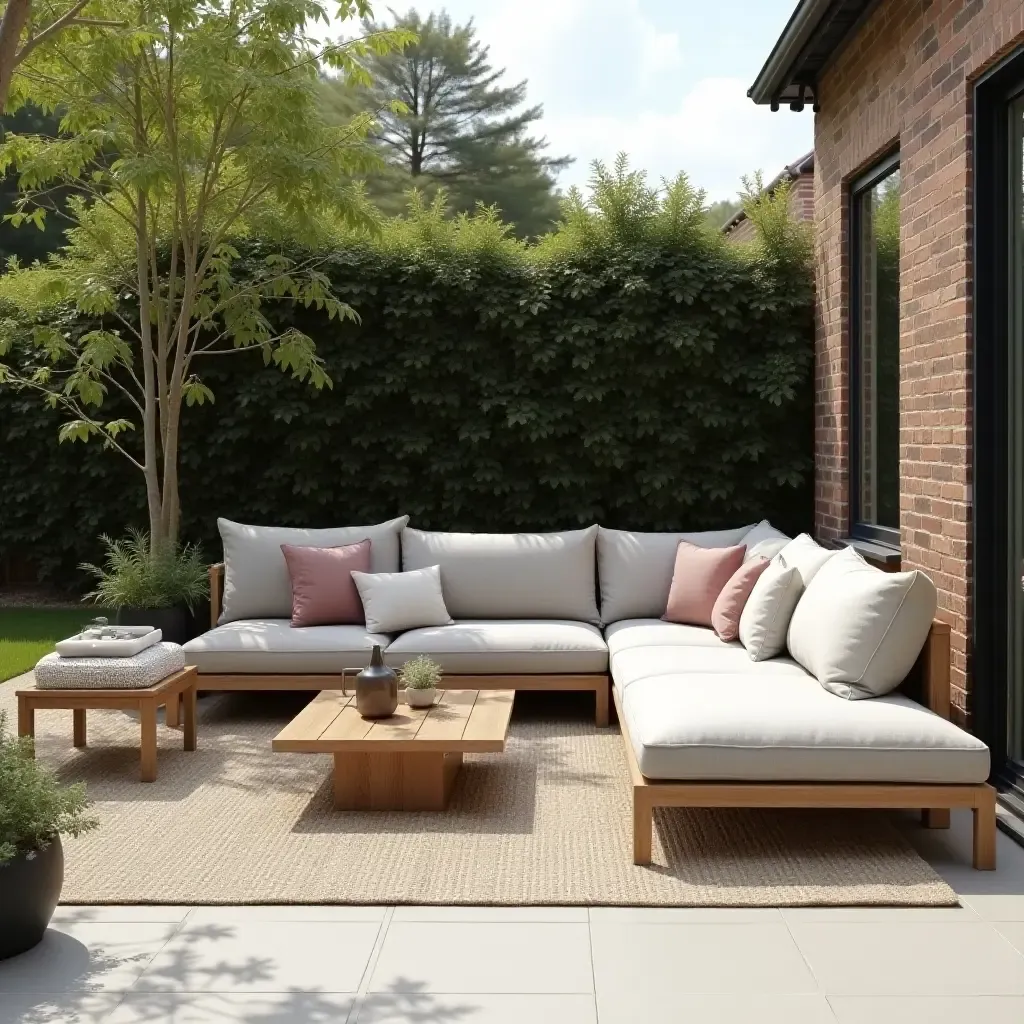 a photo of a stylish outdoor lounge with clever storage solutions