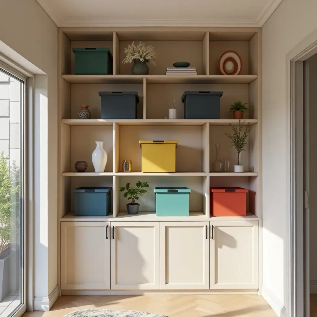 a photo of a chic corridor shelving with colorful storage boxes