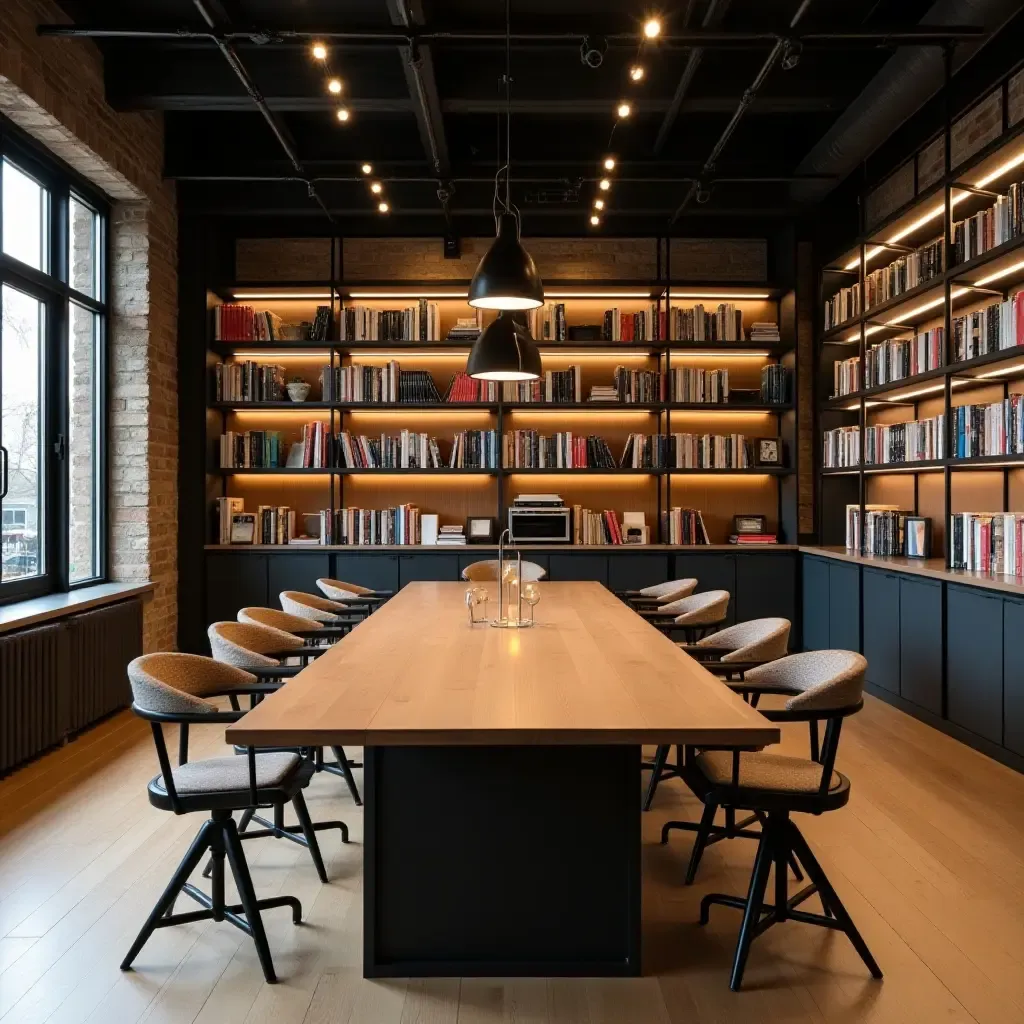 a photo of a library with a large industrial-style table for reading