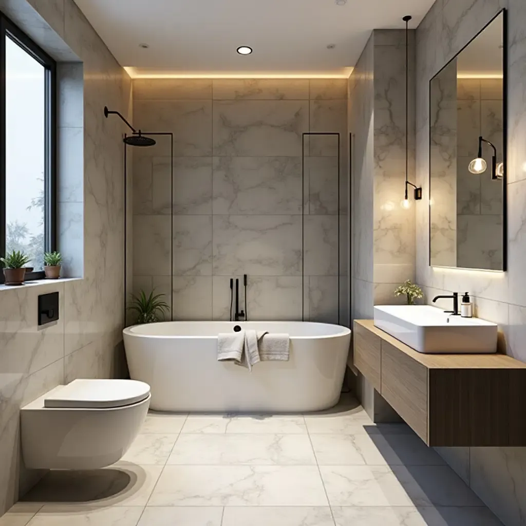 a photo of a sleek bathroom design incorporating vintage tiles and modern designs