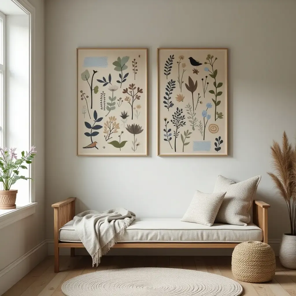 a photo of a nature-inspired wall collage in a reading nook