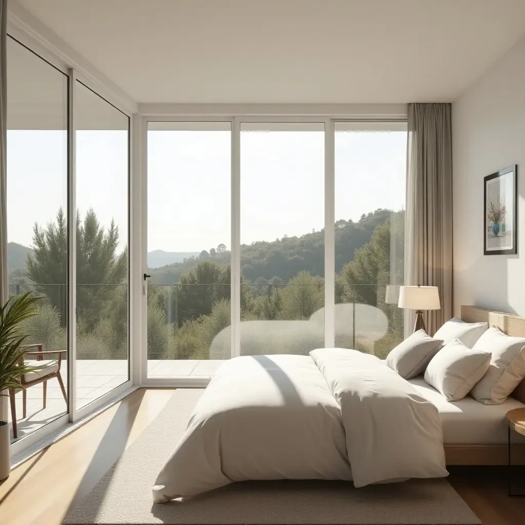 a photo of a bright bedroom with large windows overlooking a Mediterranean landscape