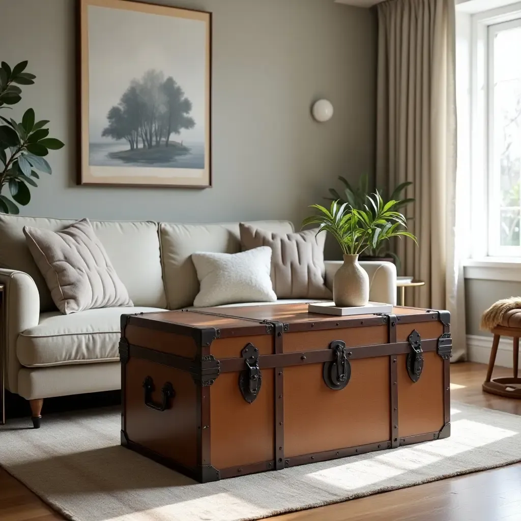 a photo of a living room featuring a vintage trunk as a coffee table