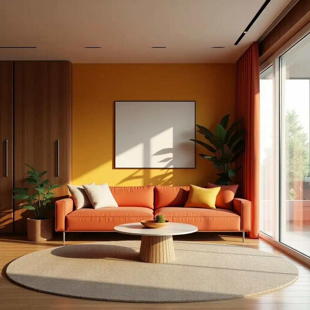 a photo of a contemporary living room with wooden elements and vibrant colors