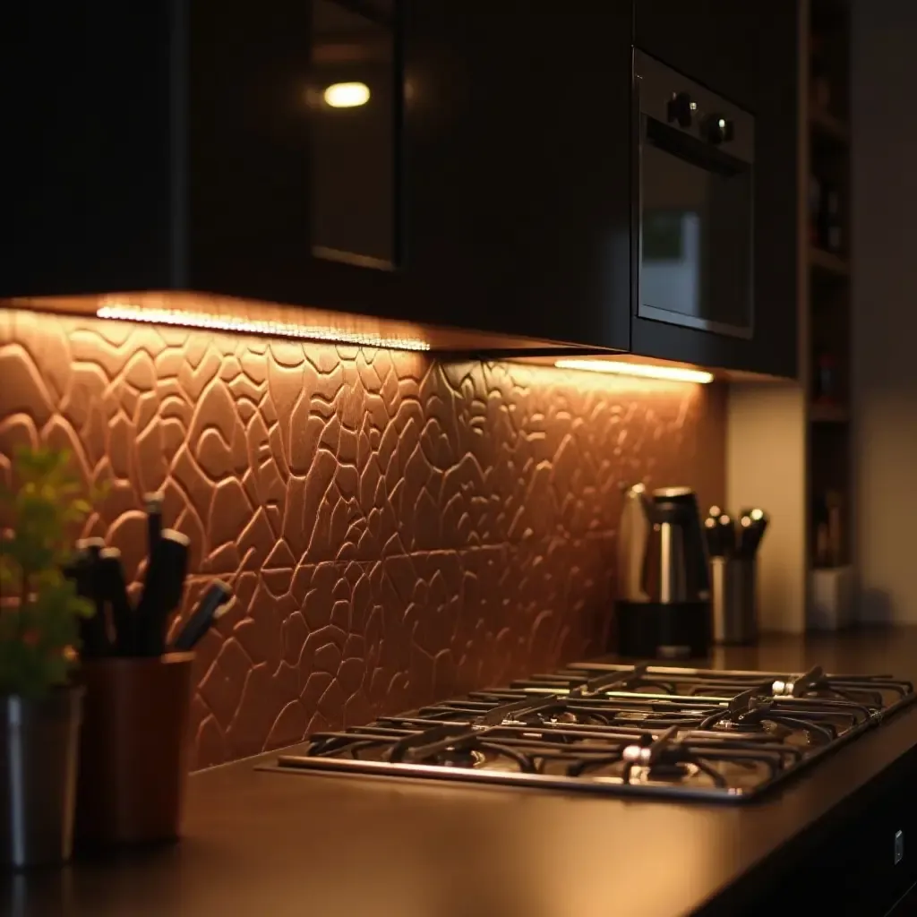 a photo of a modern kitchen with copper accent lighting