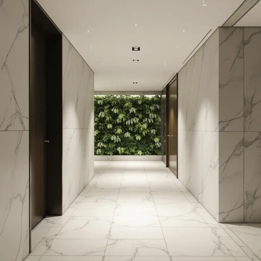 a photo of a minimalist corridor with a geometric plant wall