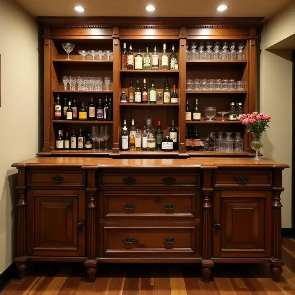 a photo of a vintage dresser used as a bar in a basement