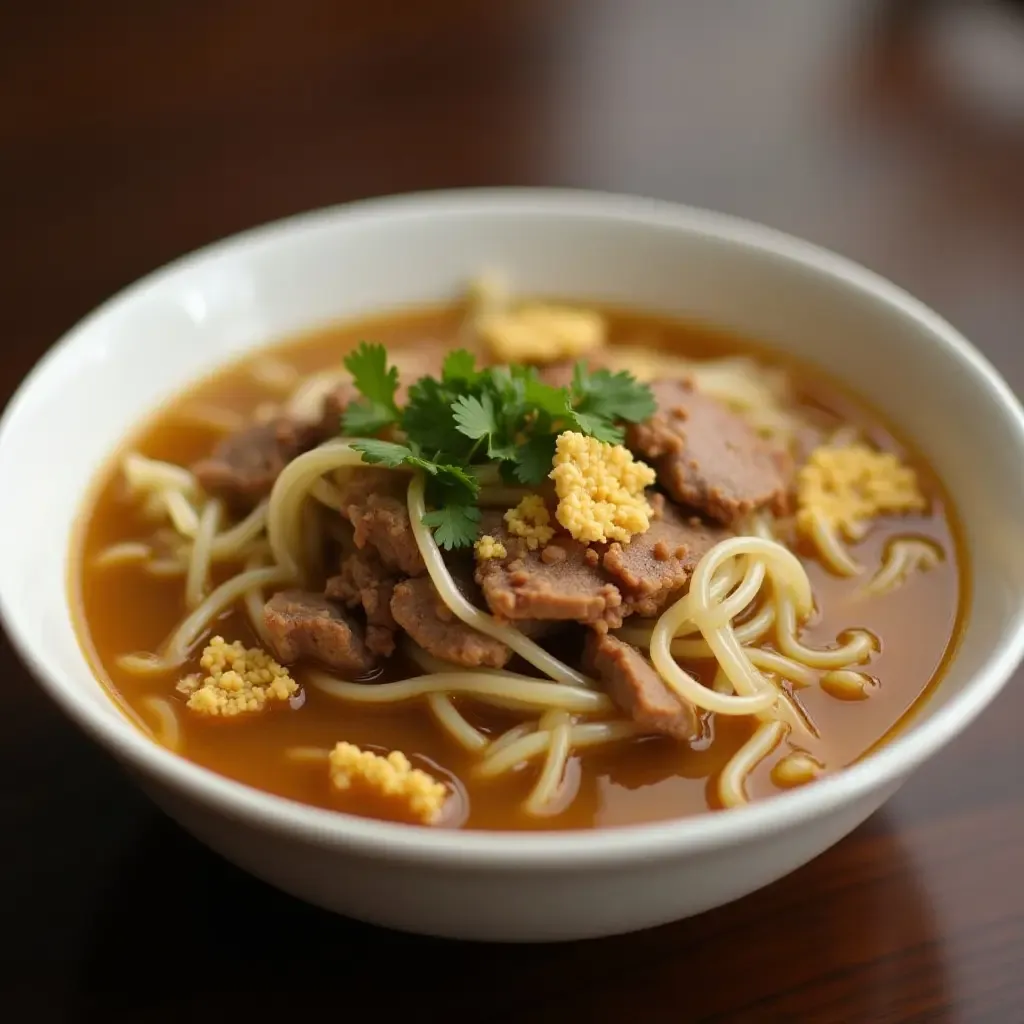 a photo of Cao Lau, a Hoi An specialty noodle dish with pork and crispy rice crackers.