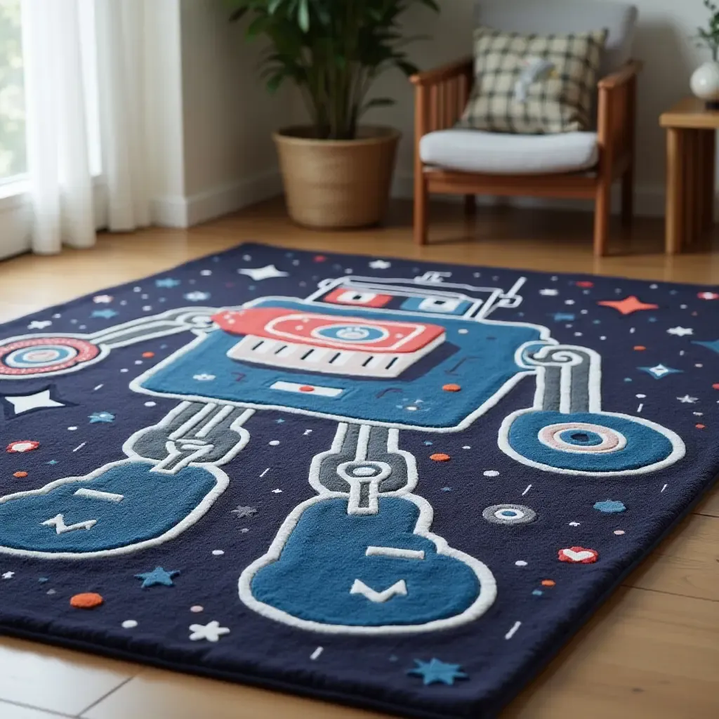 a photo of a rug featuring a friendly robot in a tech-themed room