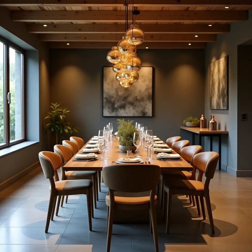 a photo of a basement dining space with metallic tableware