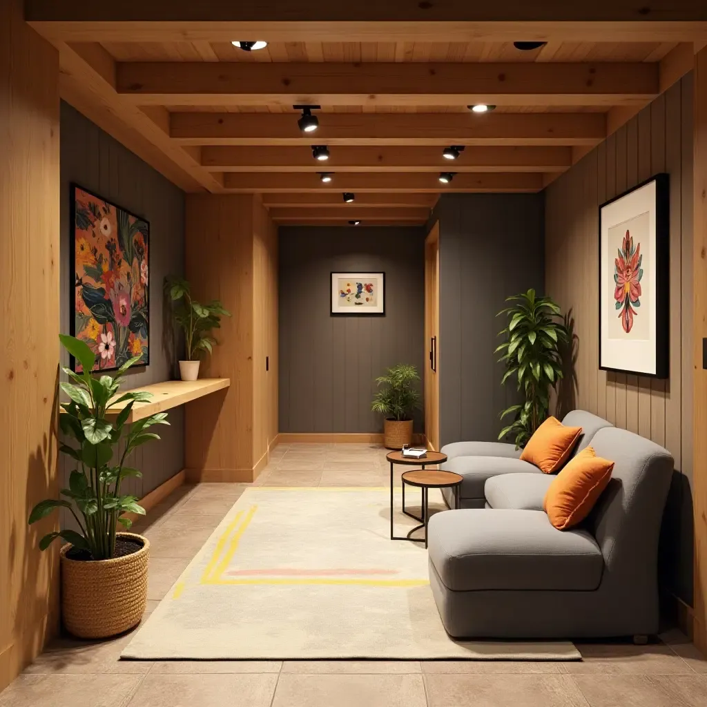 a photo of a basement with wooden accents and colorful decor