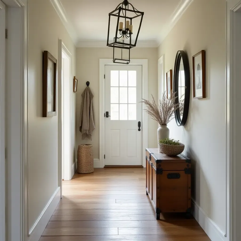 a photo of a quaint hallway with a vintage trunk and farmhouse decor