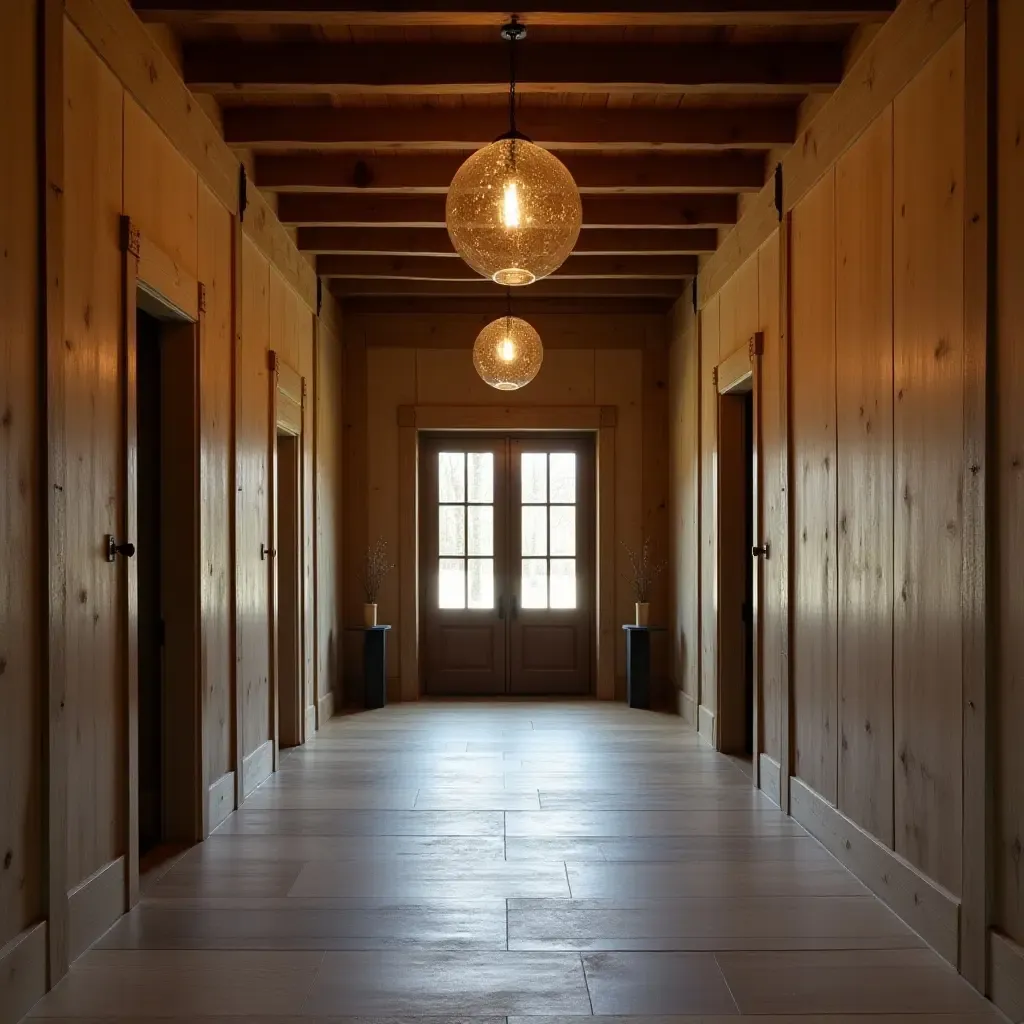 a photo of a rustic entrance hall illuminated by vintage pendant lights