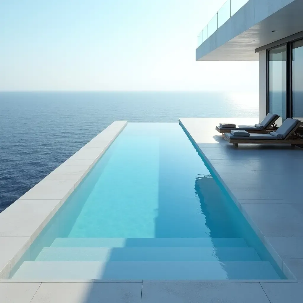 a photo of a sleek infinity pool surrounded by smooth stone tiles