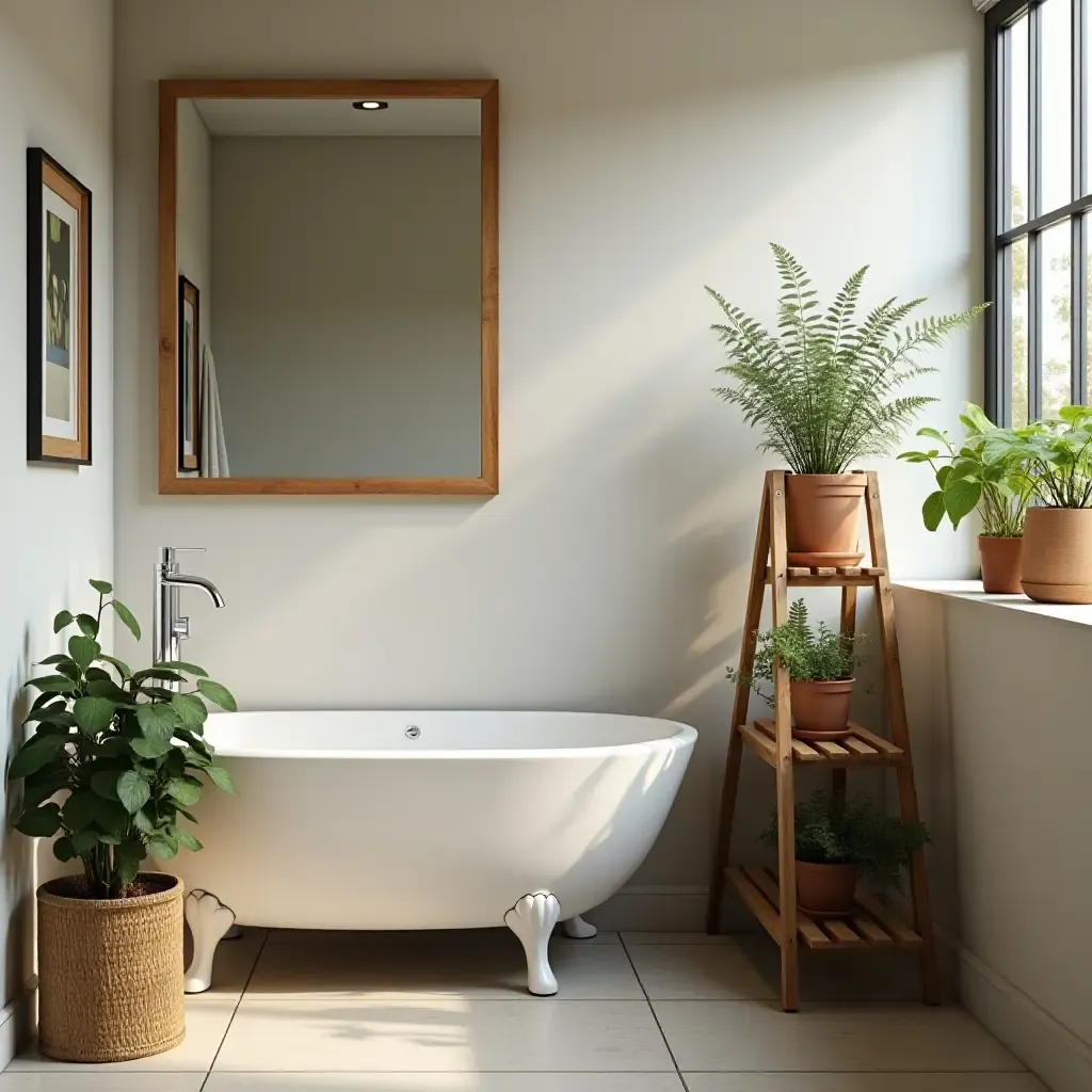 a photo of a bathroom featuring a tiered plant stand for decor