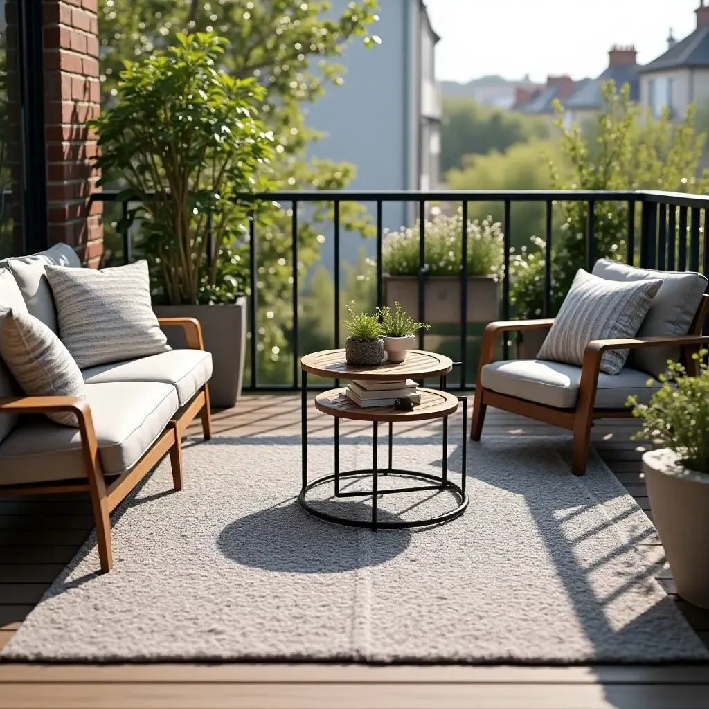 a photo of a balcony with a stylish outdoor rug and metal furniture