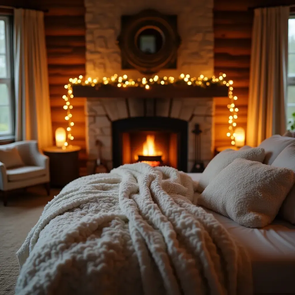 a photo of a cozy bedroom with a fireplace and soft, warm blankets