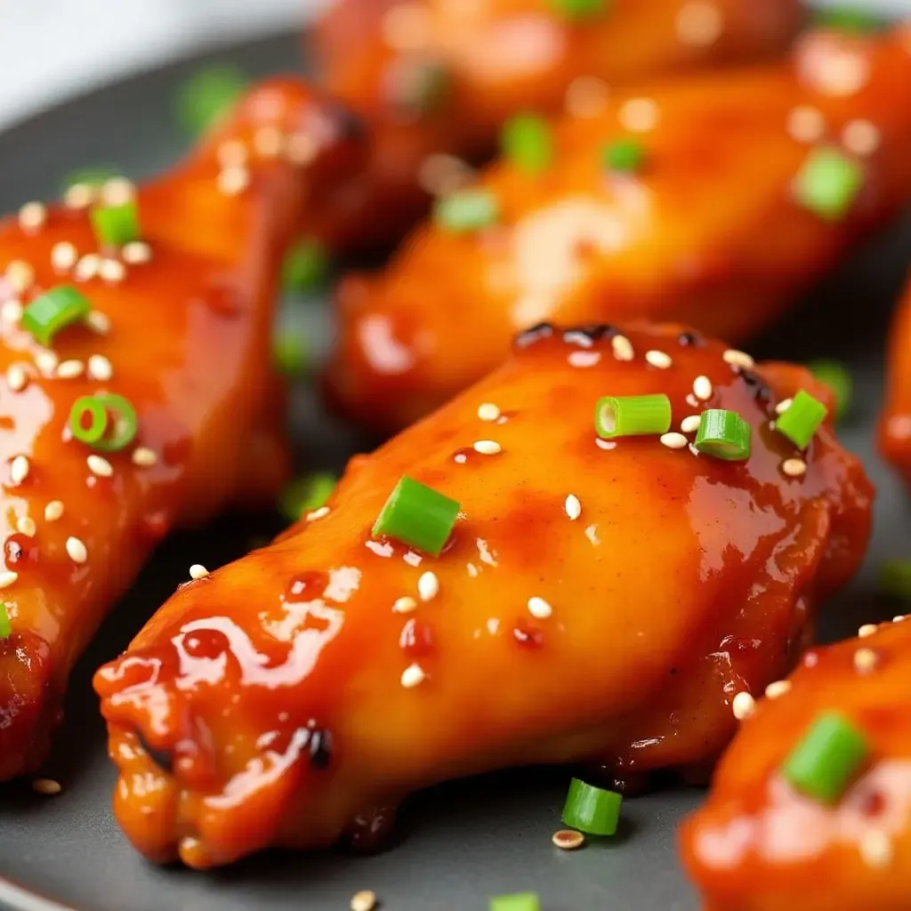 a photo of spicy Korean gochujang glaze on grilled chicken wings, garnished with sesame seeds and green onions.