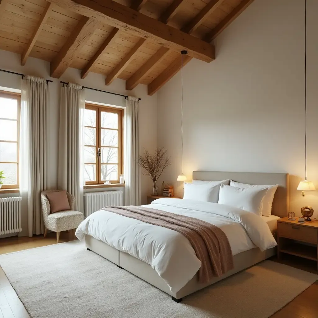 a photo of a bedroom with wooden beams and a soft rug