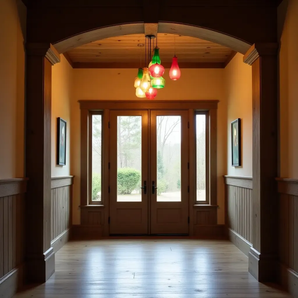 a photo of colorful pendant lights hanging in a rustic entrance hall