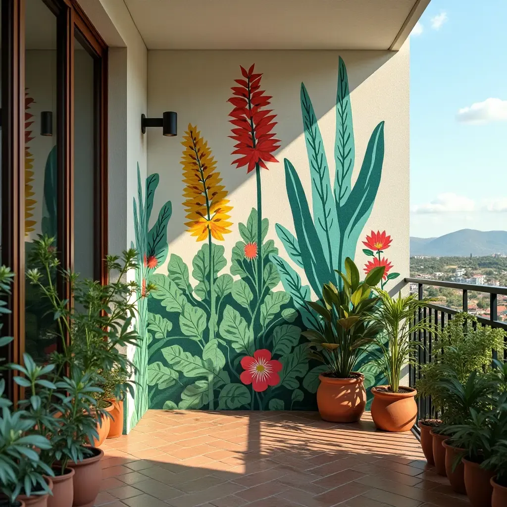 a photo of a balcony with a colorful plant wall mural