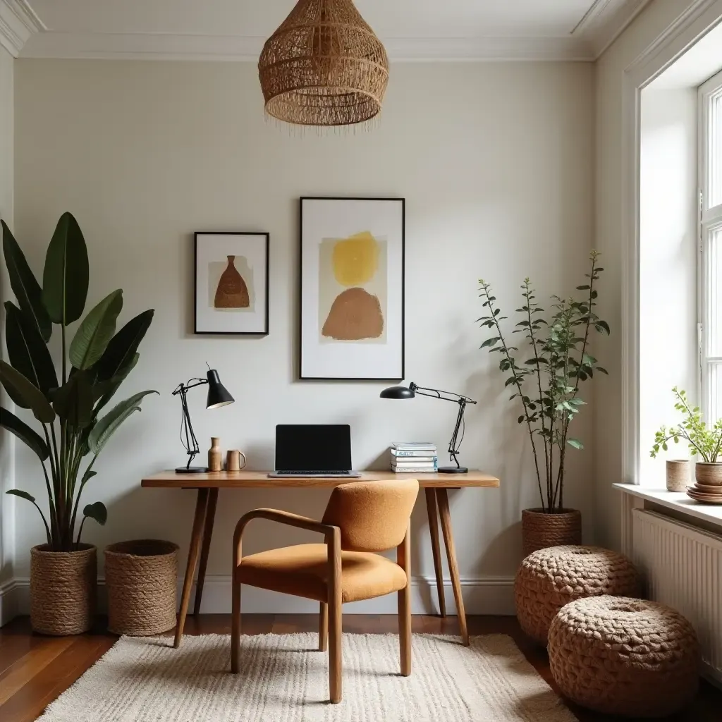 a photo of a boho chic workspace within a living room setting